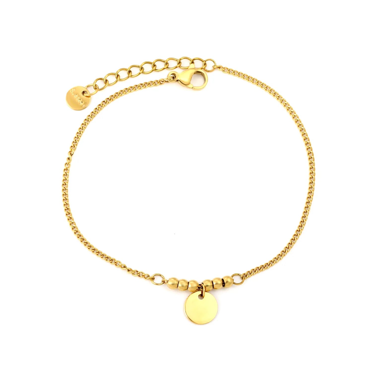 3mm 6 through-hole steel beads, 8mm round pieces, 18+3cm+6mm round end tag. Hand chain in gold color. asonjewelry